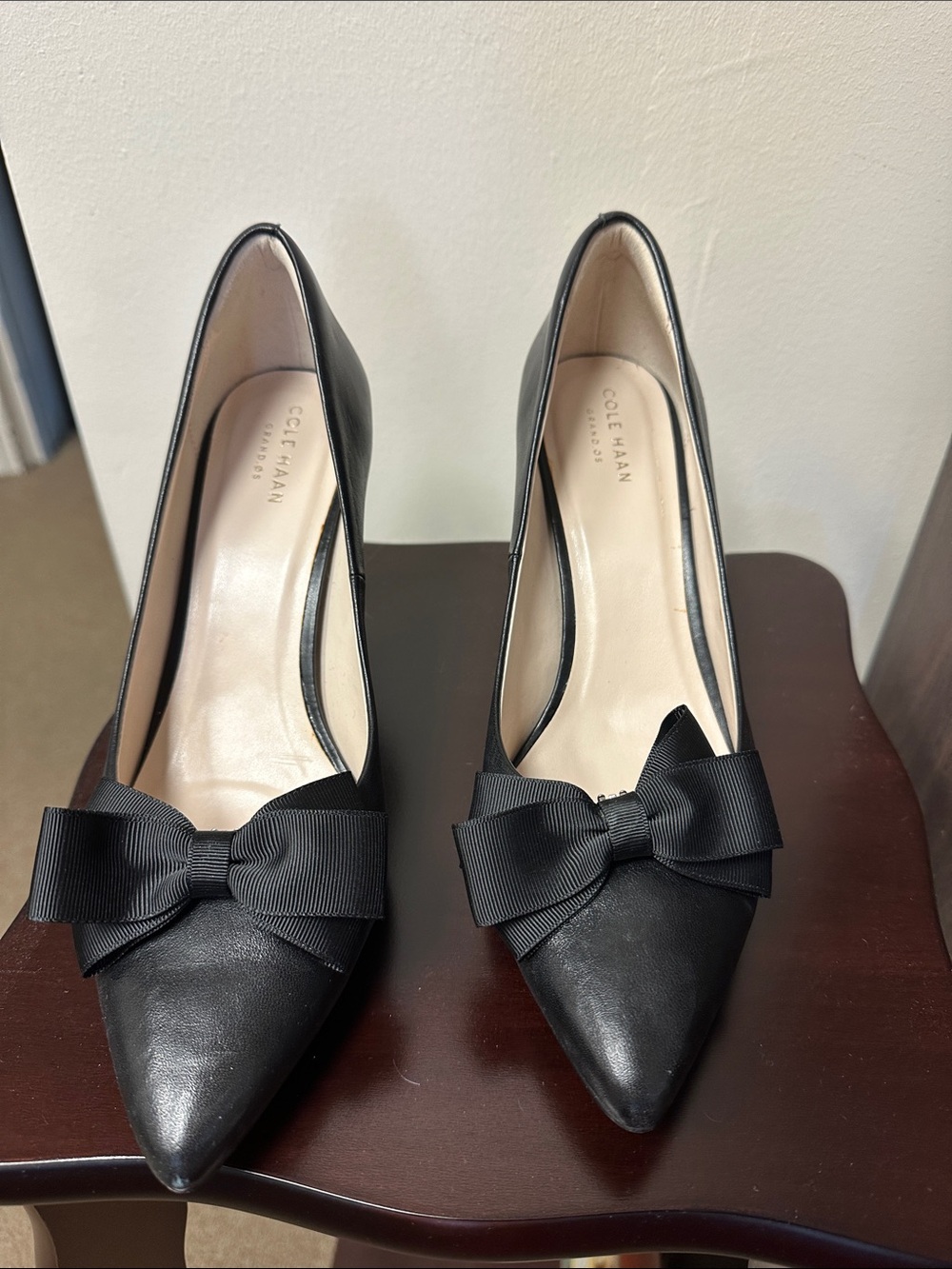 Cole Haan Black Pointed-Toe Pumps with Grosgrain Bow